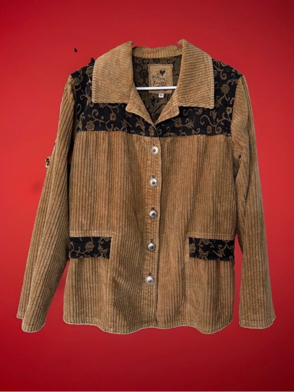 Vtg Produce Company XL Corduroy Button-Up Coatigan in Brown with Black Accents